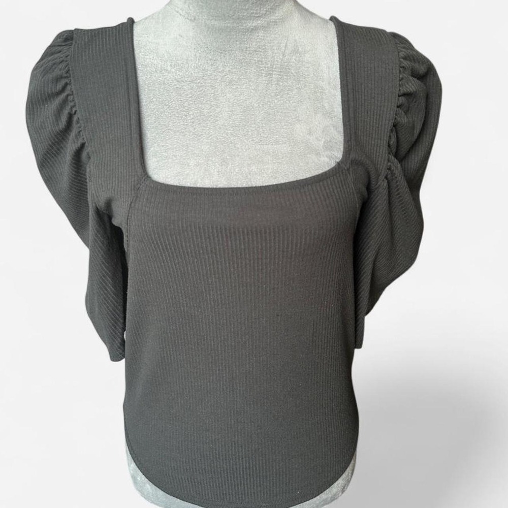 We The Free Free People Charcoal Grey Ribbed Square Neck Puff Sleeve Top L